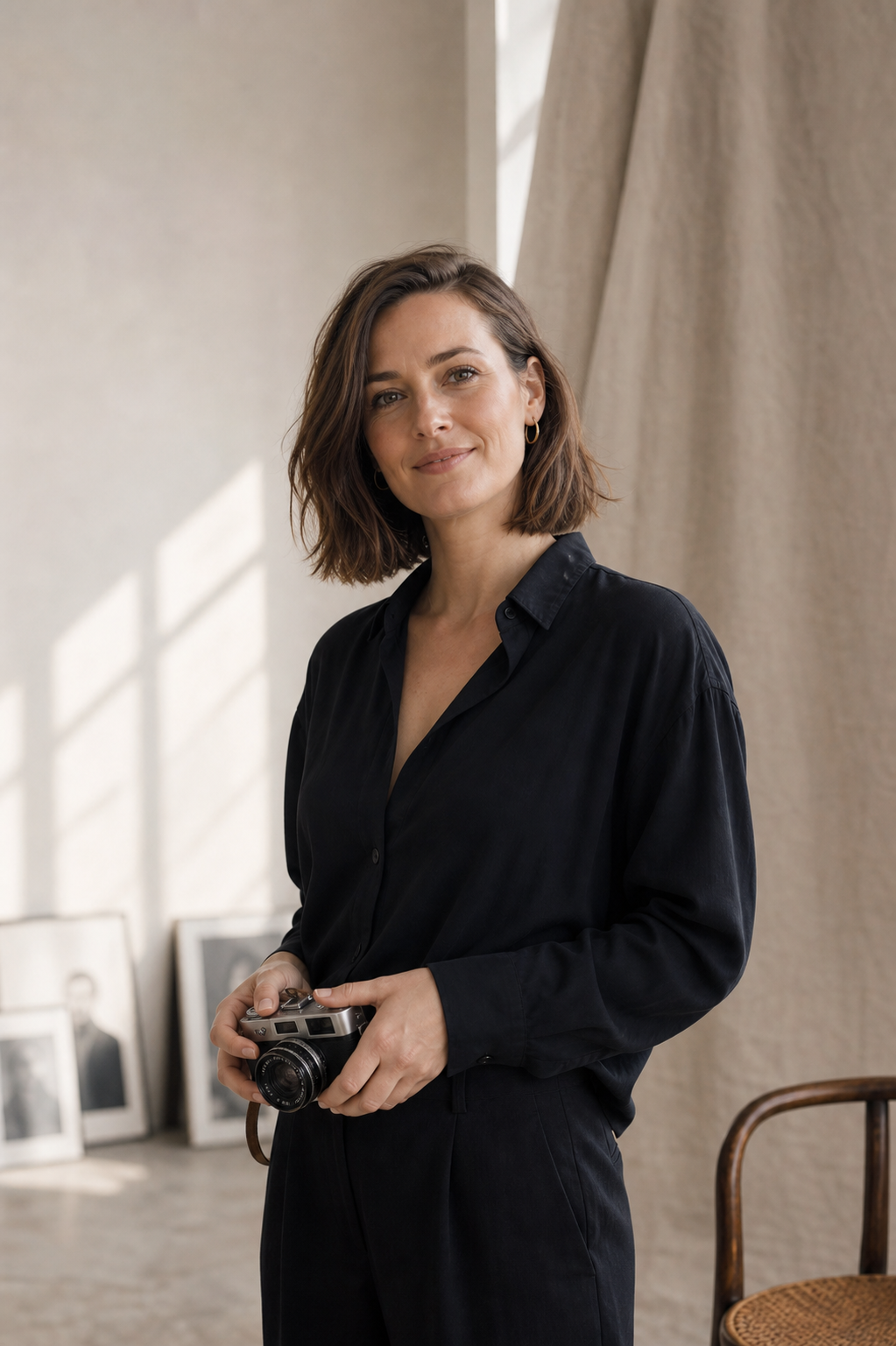 Lena vom Atelier Morgenlicht mit Kamera im Studio